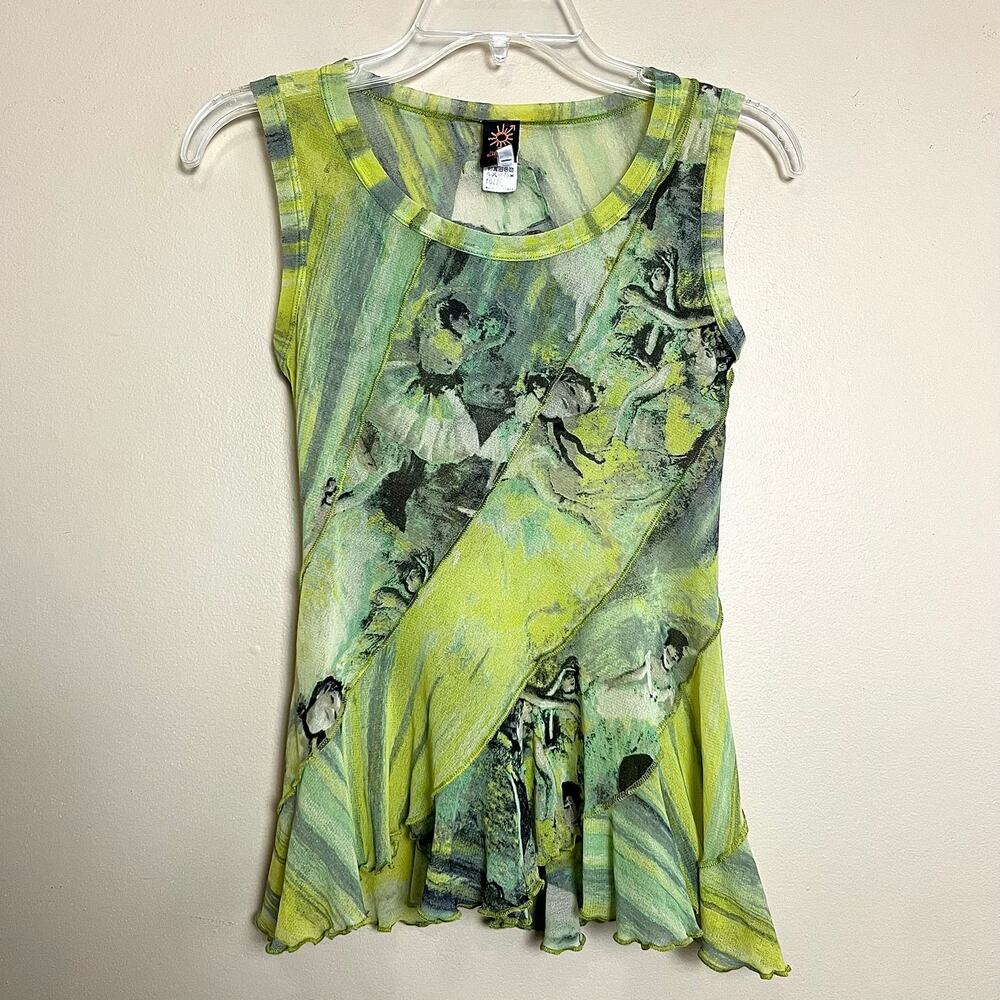 Vintage Jean Paul Gaultier Edgar Degas Ballerina Print Mesh Tank Top Flutter Hem